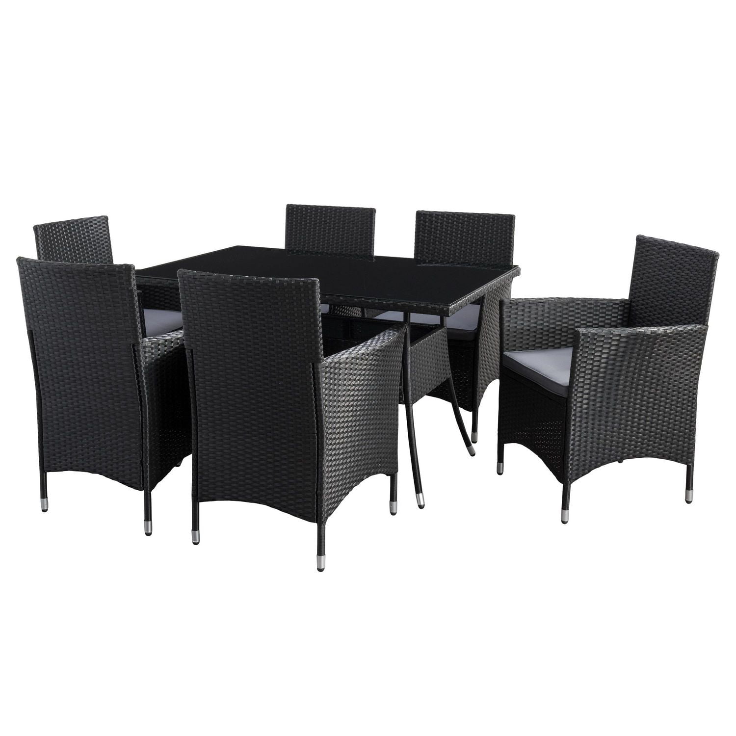 CorLiving Parksville 7-Piece Black Resin Wicker and Steel Patio Dining Set with Rectangular Glass Top Table and 6 Chairs with Grey Cushions