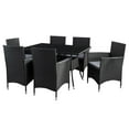 thumbnail image 1 of CorLiving Parksville Ensemble de salle à manger de patio 7 pièces en osier de résine noire et en acier avec table rectangulaire en verre et 6 chaises avec coussins gris, 1 of 9