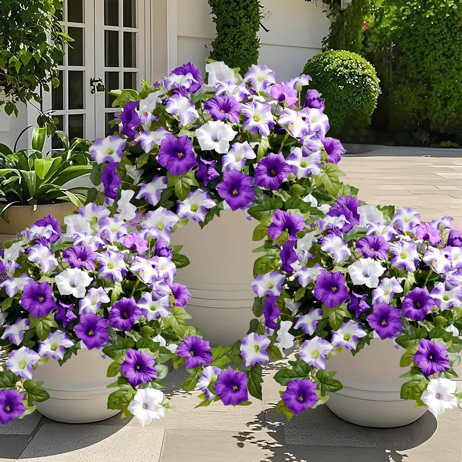 Yastouay 2pcs Petunias Artificial Flowers for Outdoor, UV Resistant Fake Flowers for Planter, Purple White Faux Flower for Garden Balcony Yard Porch