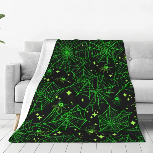 Balery Green Bright Web with Spiders Manta de Felpa Suave y Acogedora – Cobija de Franela Aterciopelada para Cama, Lavable y Cálida para Sofá, Mascotas, Transpirable-80"x60"