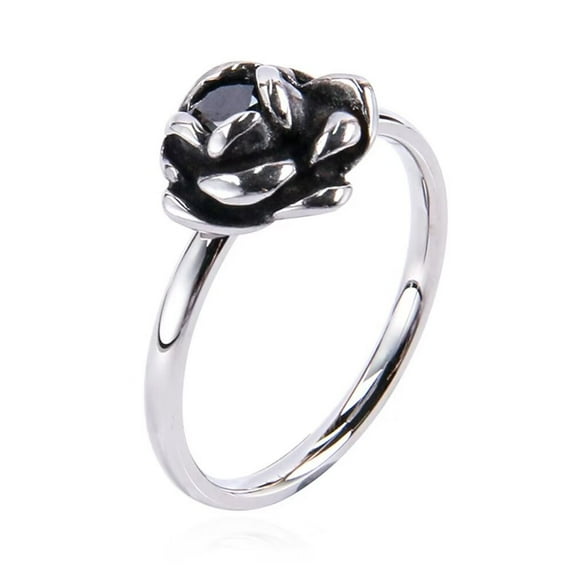 PAMTIER Women's Stainless Steel Vintage Personalized Rose Flower Gemstone Ring Silver with Black CZ Size 10