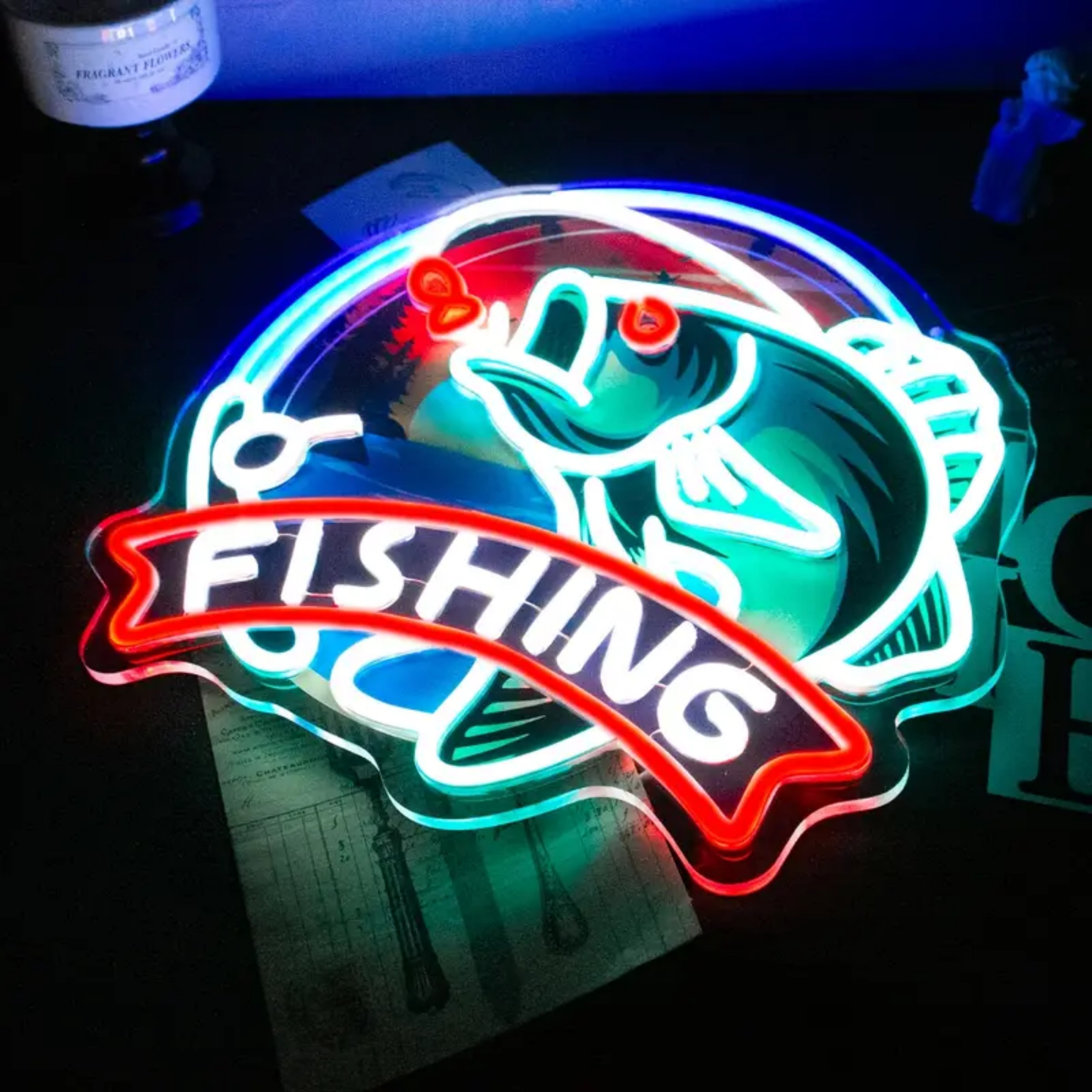 UPONRAY Fishing Neon Signs, 13.7"*12.9" Dimmable & USB-Powered LED Neon Light, Stylish Wall Decor for Home, Beach Bar, Natatorium, Swimming Pool, Fishing Pond