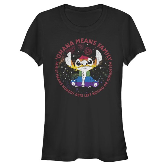 Junior's Lilo & Stitch Ohana Rainbow Pride  Graphic Tee Black Large