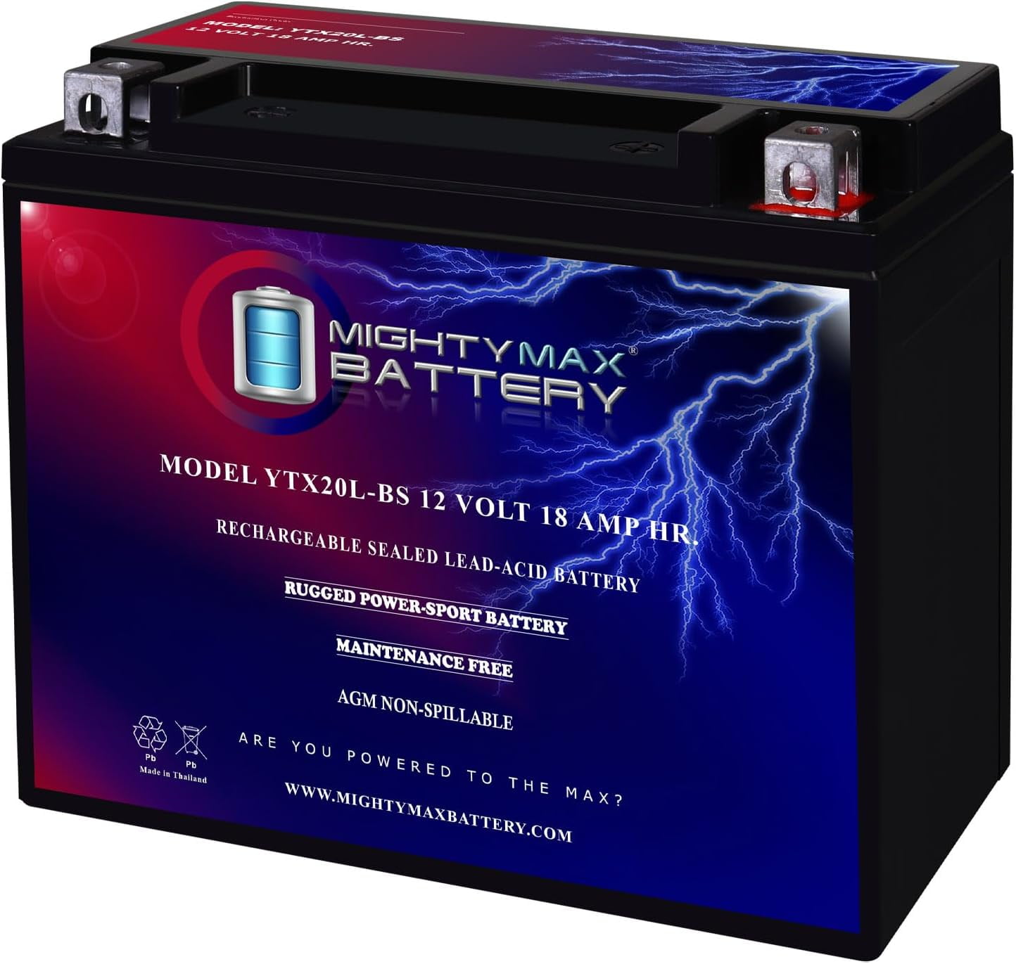 Mighty Max Battery, YTX20L-BS AGM SLA Rechargeable Battery, 12V