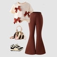 thumbnail image 2 of newwalpole Girls Clothes 2 Piece Short Sleeve Lace Bow Print Tops Flared Pants Set Little Girl Outfits Brown for Size 4-5 Years, 2 of 3