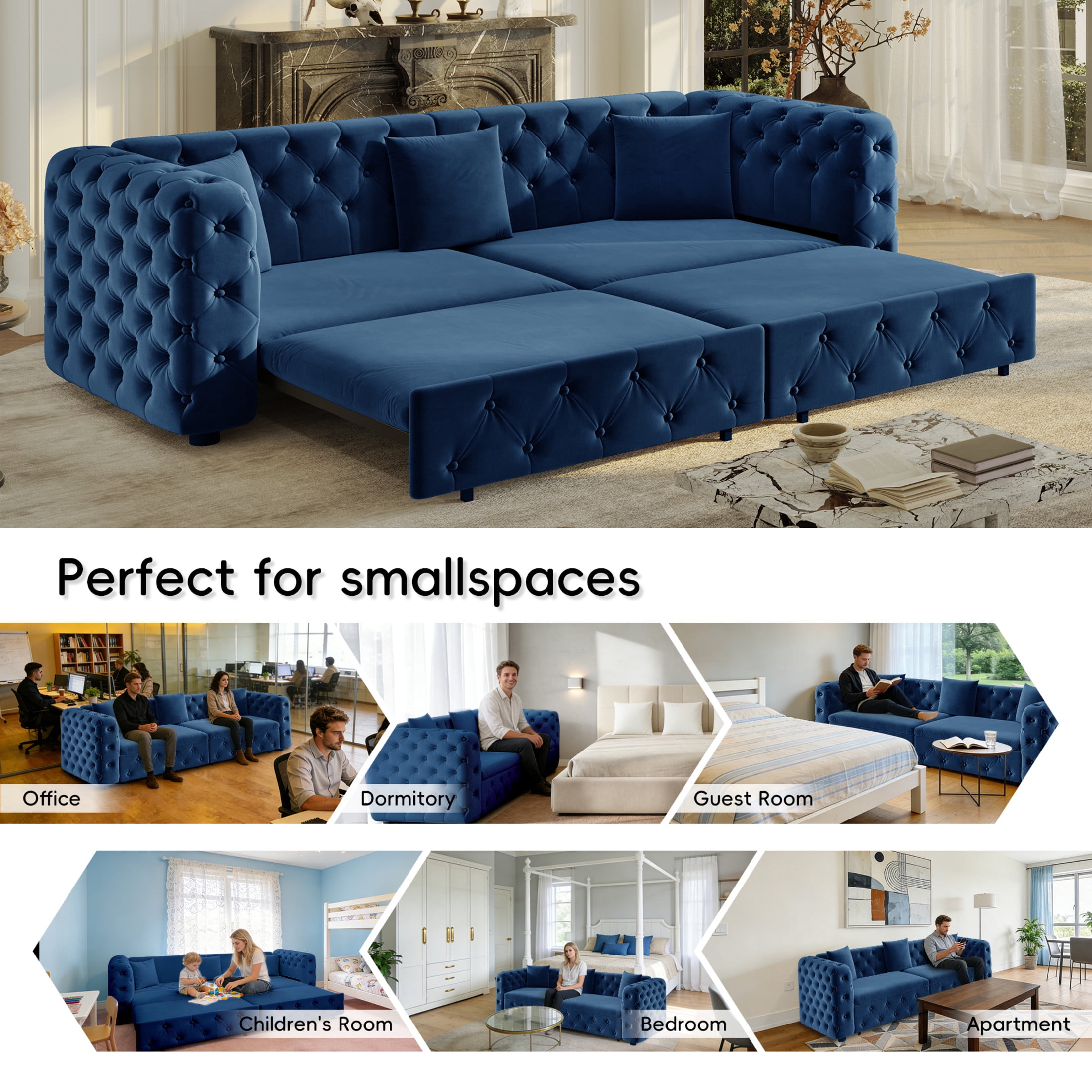 Noble House Belric 4-Seater Velvet Chesterfield Pull-Out Sofa Bed, Multifunctional 3-in-1 Tufted Sleeper Couch, Blue