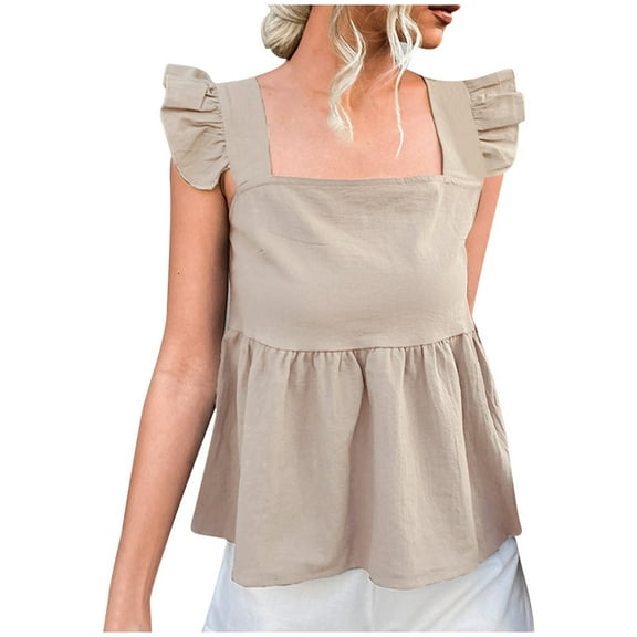 Scyoekwg Womens Tops Fashion Tank Top Suspenders Sling Crewneck Ruffle Tank Tops Loose Sleeveless Solid Color Summer Casual Dressy Blouse Blouses (Beige,XL)