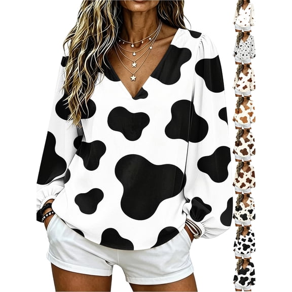 Blouses for Women Dqueduo Women's Cow Print V Neck Long Sleeve Casual Loose Blouse Shirt