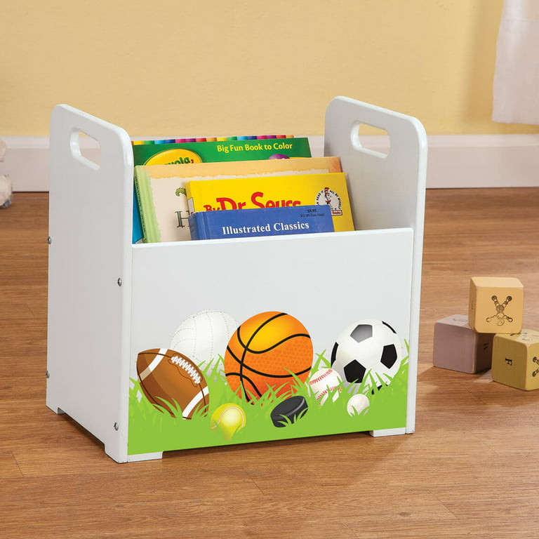 Fox Valley Traders Kids Wooden Book Caddy, Portable Children’s Book Storage Bin, Sports Themed Design