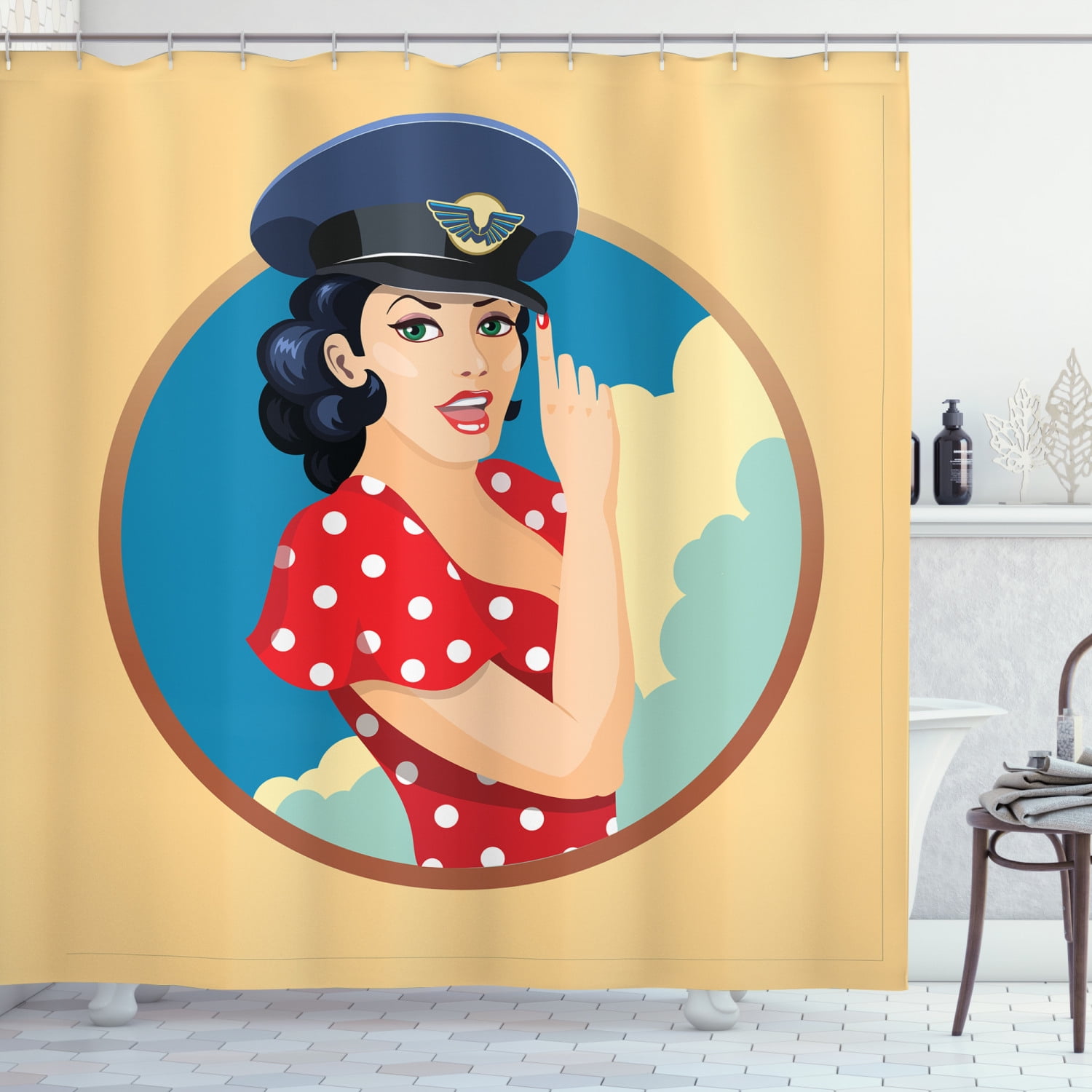 Pin up Girl Shower Curtain, Hand Drawn Illustration of a Curly Woman Wearing a Pilot