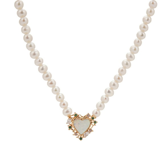Pearl & Opal Heart Necklace with Zirconia, 14K Gold Plated 925 Sterling Silver,Adjustable Chain Romantic Birthstone Jewelry Gift for Women