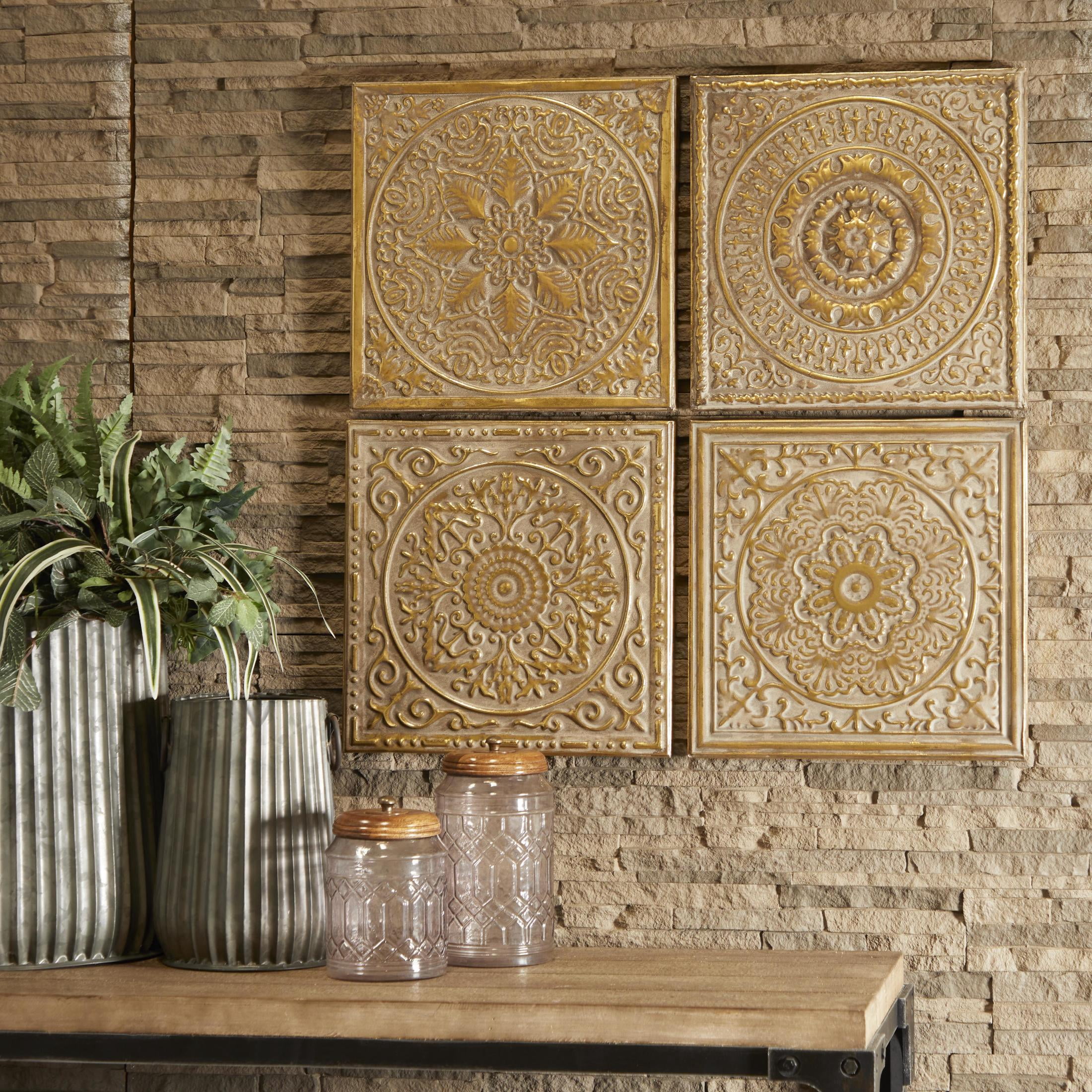 DecMode Gold Metal Scroll Wall Decor with Embossed Details (4 Count)