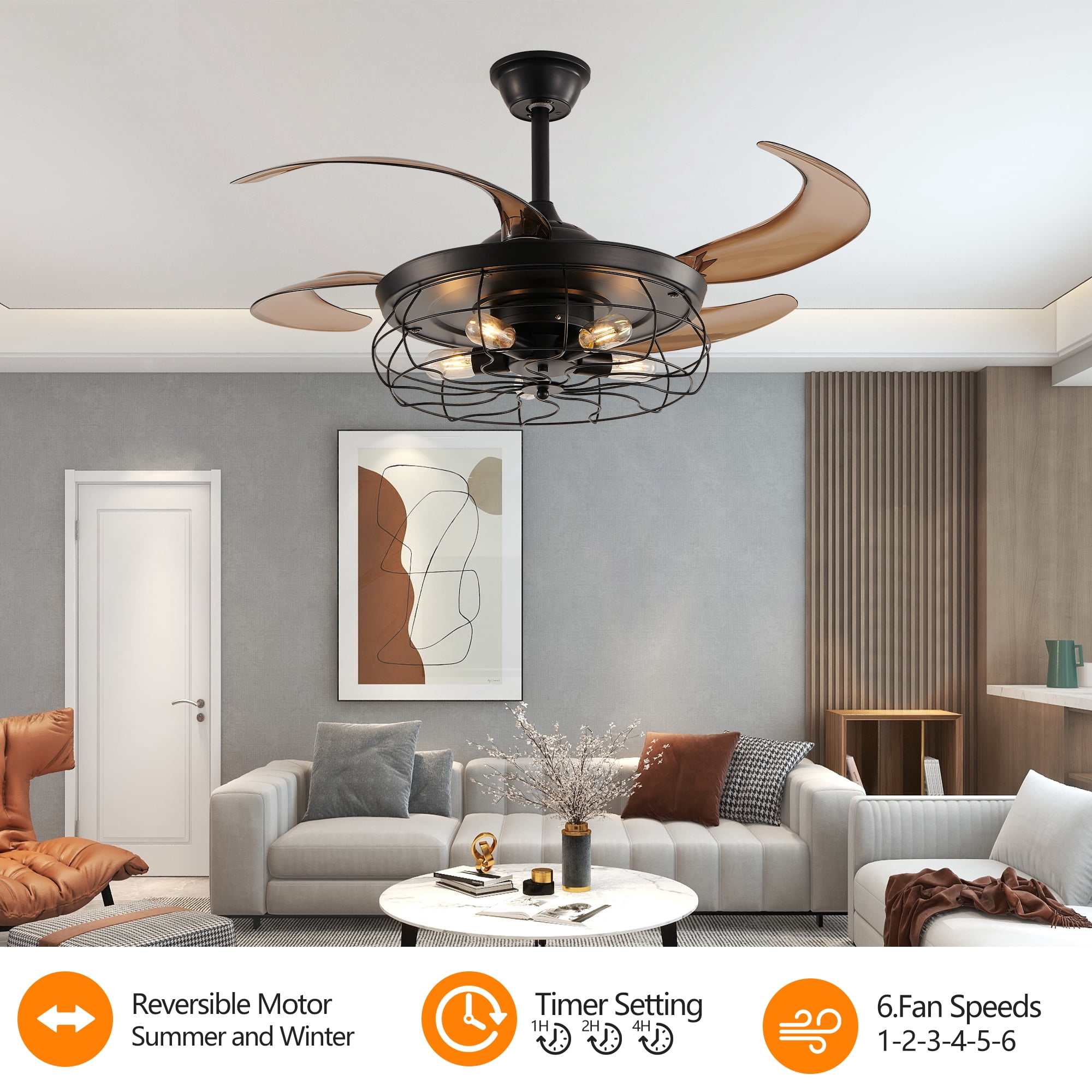 48 Inch Retractable Ceiling Fan with Lights and Remote, Industrial Caged Fandelier with 4 Blades, 6-Speed Reversible DC Motor