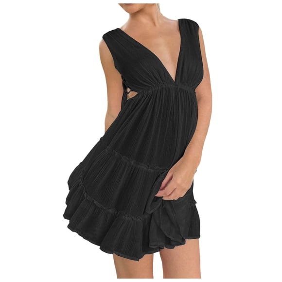 JFHHQ Mid-Calf Solid Dress Women's Bodycon Maxi Dress with Spaghetti Straps Low Cut Neckline and High Slit Backless Long Dress for Evening Clubwear L Black