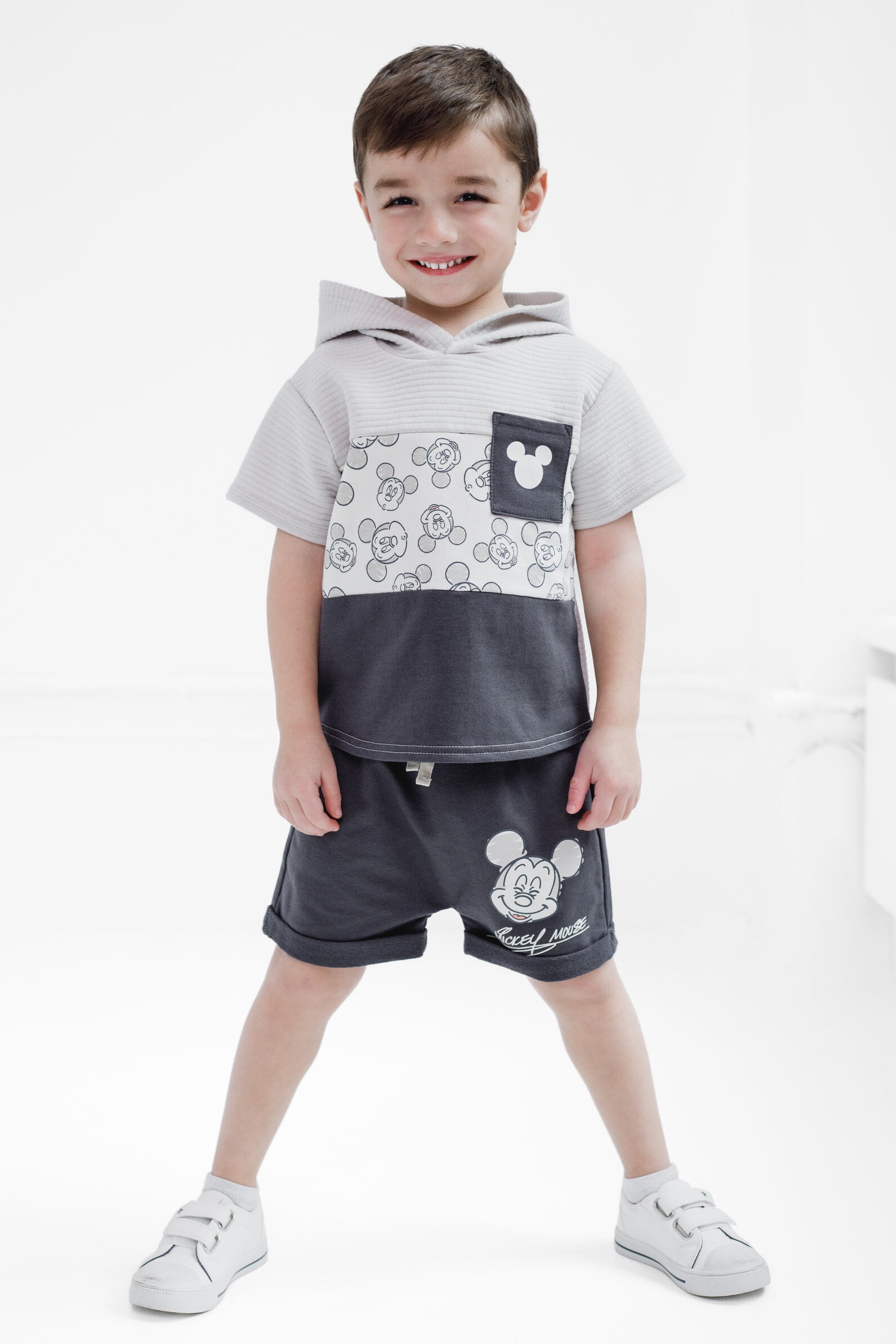Disney Mickey Mouse Baby Boys' 2-Piece Hooded Tee and Shorts Set Dark Grey Mickey
