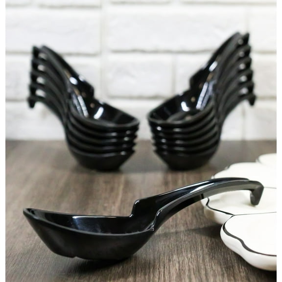 Contemporary Black Melamine Asian Soup Spoons With Ladle Hook & Notch Set Of 12