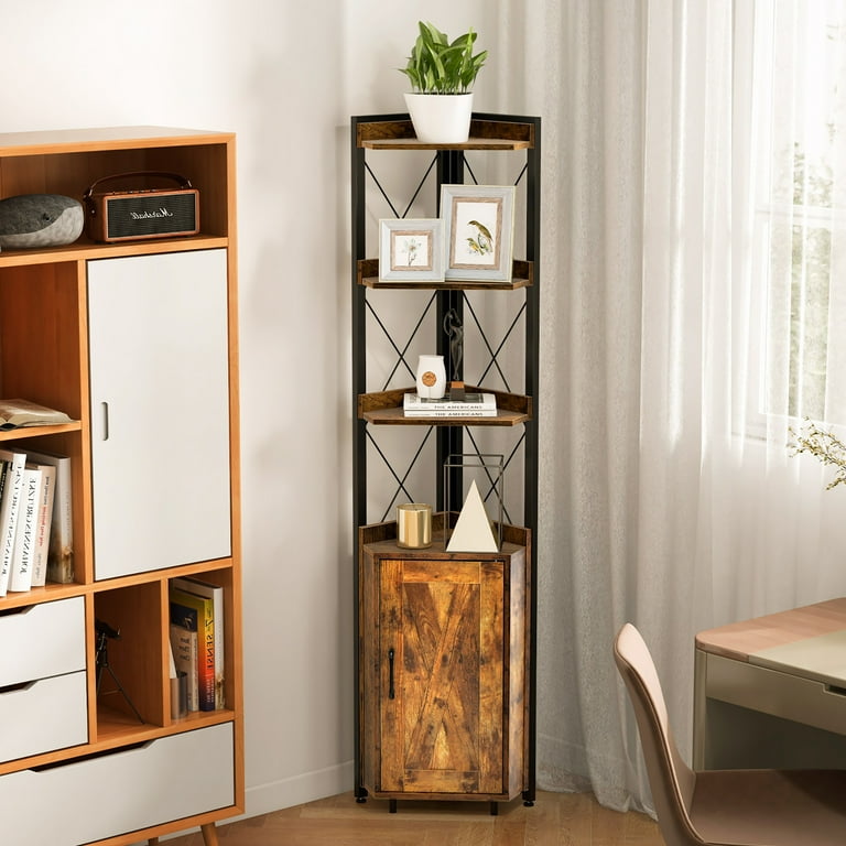 Costway 6-Tier Corner Shelf- Storage Rack Cabinet, Wood Rustic