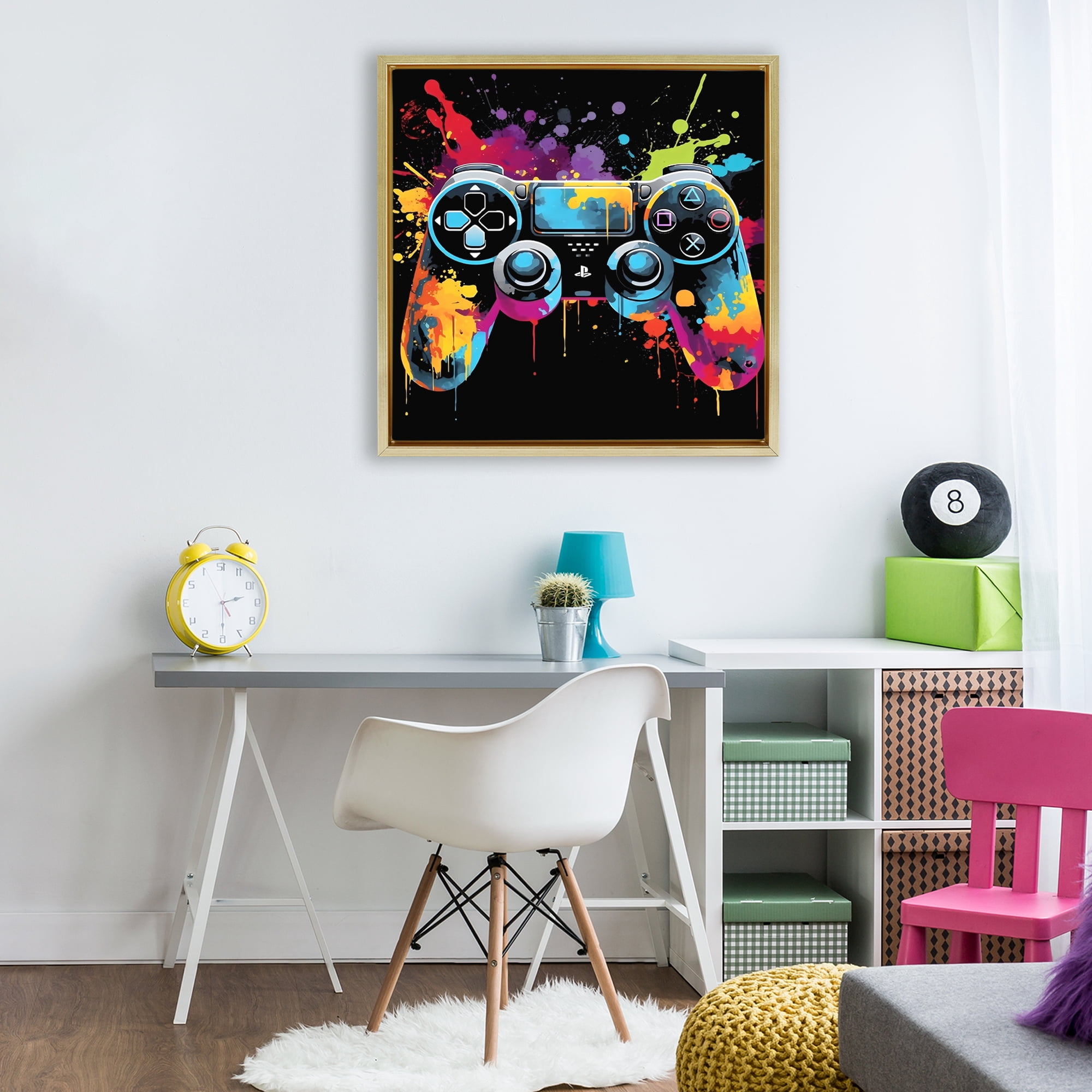 Stupell Industries Paint Splash Game Controller Gold Framed Floater Canvas Wall Art, design by Creative Studio