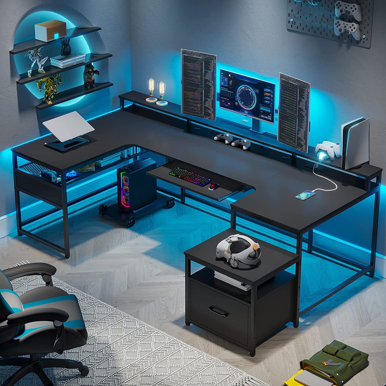 L Shaped Desk,U Shaped Computer Desk with File Drawer & Power Outlet