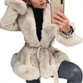 thumbnail image 2 of Women'S Faux Leather Jacket with Faux Fur Collar, Winter Long Sleeve Furry Trim Peplum Parka Coat with Belt Beige M, 2 of 9