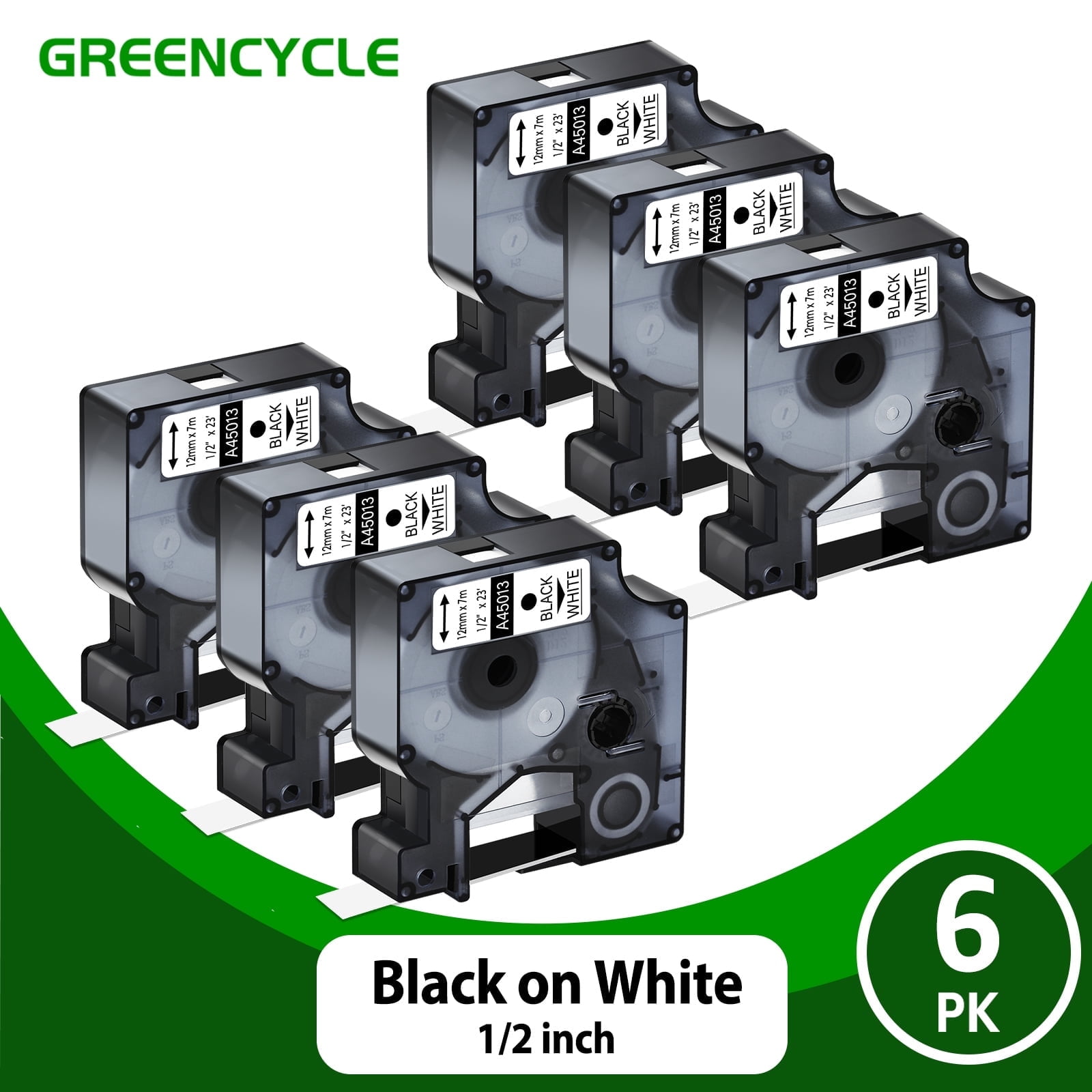 GREENCYCLE 6PK Compatible for DYMO D1 45013 45013S S0720530 12mm Black on White Label Maker Tape