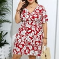 thumbnail image 6 of Sakmal V-Neck Casual Dresses for Women Mid-Length Red Short Sleeve Floral Ruffle Oversize A-Line Dress, 6 of 9