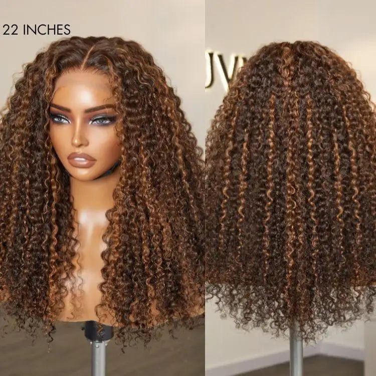 LUVME 180% Density Copper Highlight Kinky Curly Glueless 5x5 Lace Closure Wig