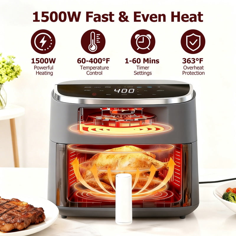 Dozzle 4QT Visual Window Air Fryer, 1500W Touchscreen Display with 8 Cooking Presets, Automatic Shut-Off, Nonstick Basket Dishwasher Safe, 60-Minute Timer, Up to 400°F, Gray