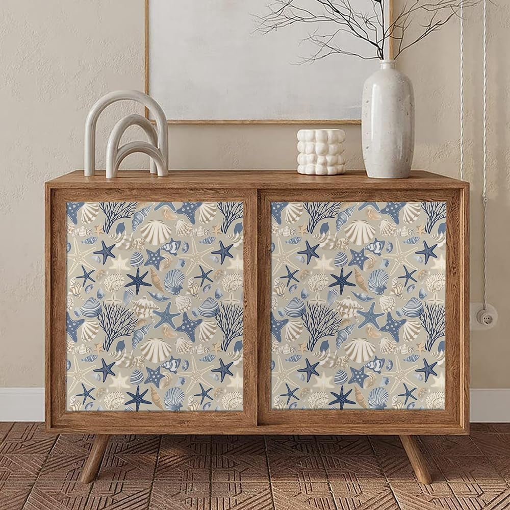 Boho Beige Cream Grey Blue Under The Sea Animal Coral Starfish Shell Peel and Stick Wallpaper Contact Paper Vintage Vinyl Stick on Wall Paper for Bedroom Bathroom Kitchen Cabinet Renter Friendly