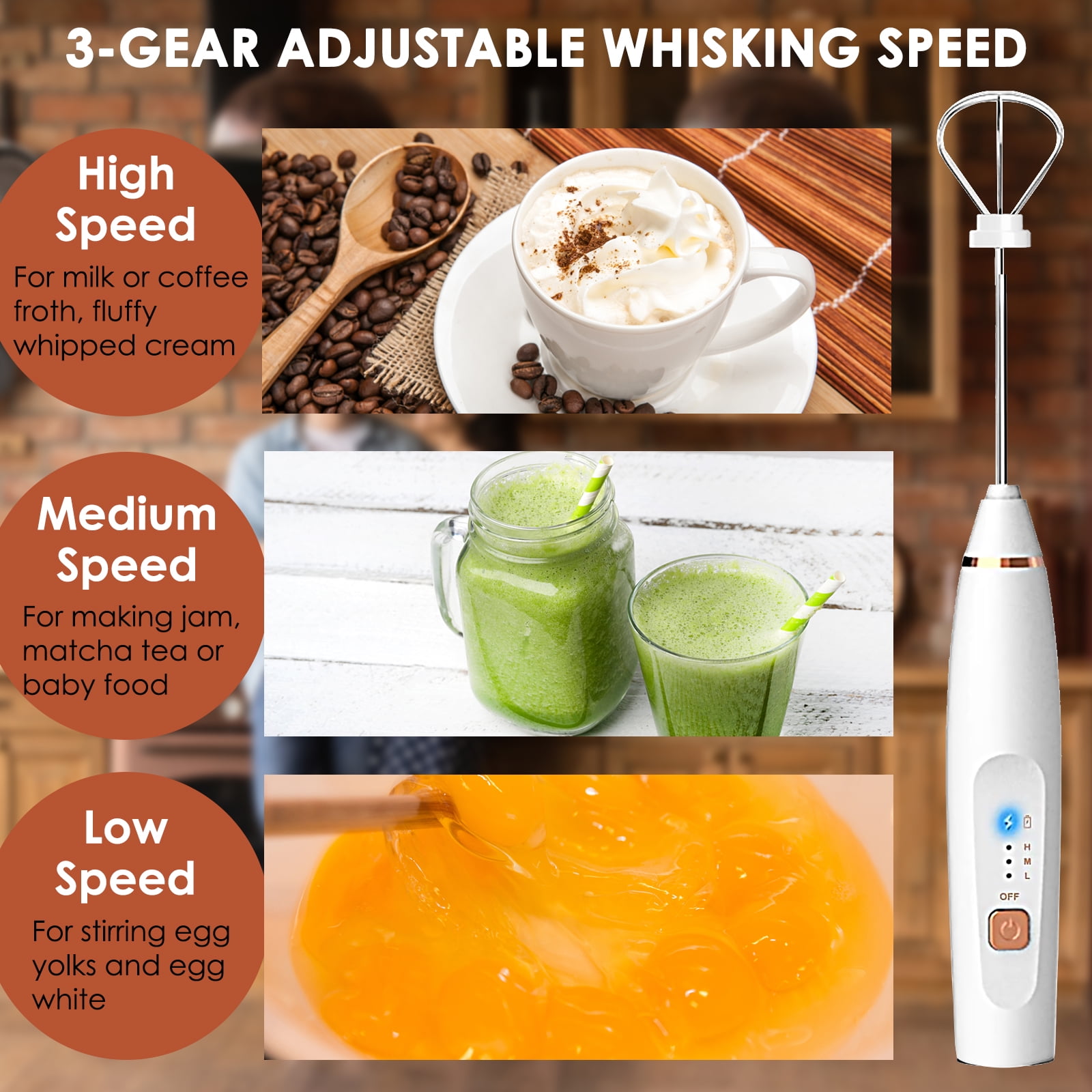 Milk Frother Handheld, USB Rechargeable Milk Foam Maker with 3 Stainless  Whisks, Mini Blender Mixer 3 Speeds Adjustable for Coffee, Latte,  Cappuccino