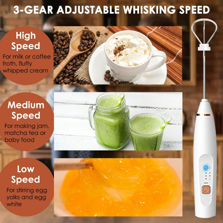 Milk Frother Handheld, Electric Whisk Coffee Frother, Rechargeable Frother  Wand, Hand Held Mixers with 2 Stainless Whisks & 3-Speed Settings for  Coffee Latte Cappuccino Hot Chocolate, White 