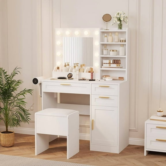 Towallmark Vanity Desk with Mirror and Lights, Makeup Vanity Set with Drawers & Cabinet & Chair, 3 Light Mode and Brightness Adjusted & Power Outlet, Dressing Table with Hairdryer Holder for Bedroom