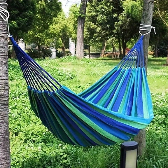 Portable Brazilian Double Hammock for Two Person, Extra Large Cotton Canvas Hammock with Blue & Green Stripes, Ideal for Outdoor Camping, Backyard, Patio, Beach, Load Capacity Up to 400 lbs
