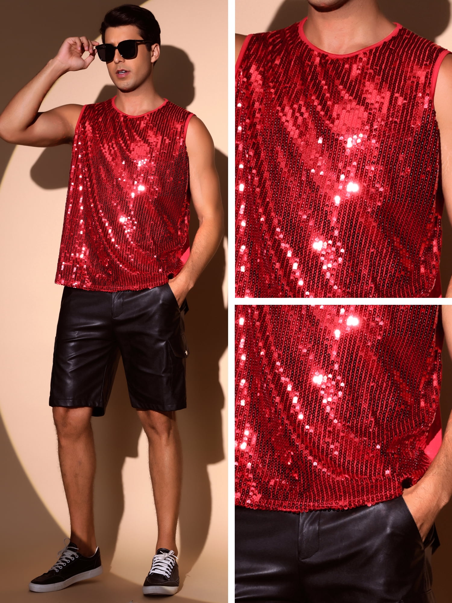 DARING DIVA Men's Patchwork Sleeveless Party Night Out Sparkle Vest 2XL Red
