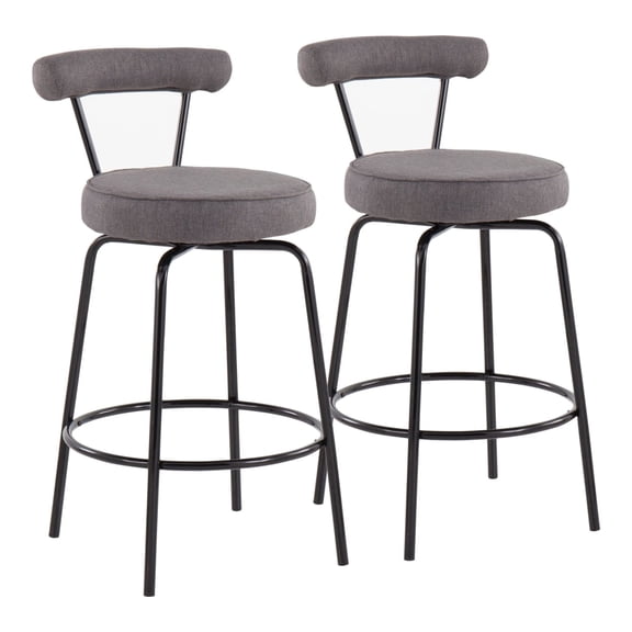 Rhonda Contemporary Counter Stool In Black Steel And Charcoal Fabric - Set Of 2