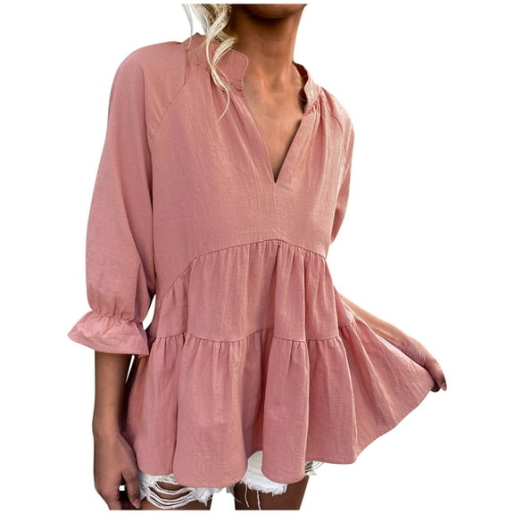USSUMA Ruffle Flowy Swing Summer Tops for Women 2022 Trendy Solid Color Boho Womens Tunic Tops v Neck Basic Shirts Tees Long Sleeve Dressy Blouses for Women