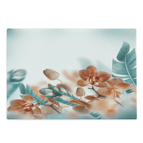 Tropical Cutting Board, Exotic Orchids Blossom Leaves on Blurred Background Floral Themed Modern Art, Decorative Tempered Glass Cutting and Serving Board, Large Size, Orange and Teal, by Ambesonne