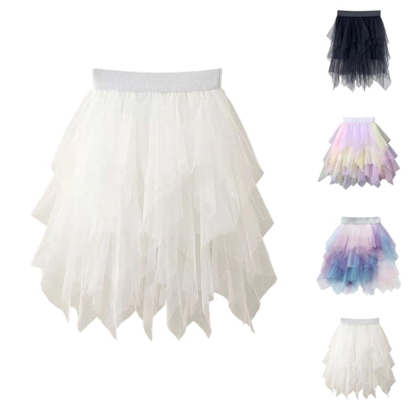 Tiered Rainbow Layer Cake Tutu Skirt for Girls, Asymmetric Hem Mesh Dress with Elastic Waist for Year Round Play and Party Wear