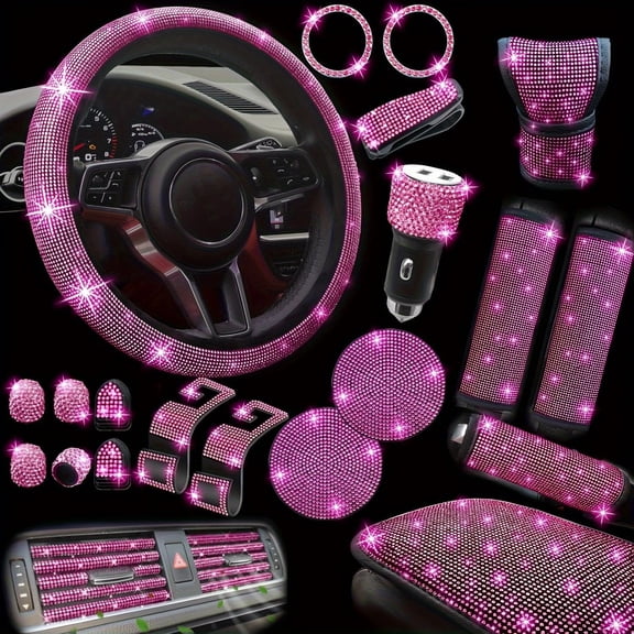30Piece Bling Car Accessories Set - Universal Fit Steering Wheel Covers, License Plate Frames, Phone Holder, Car Fast Charger, Coasters rose pink