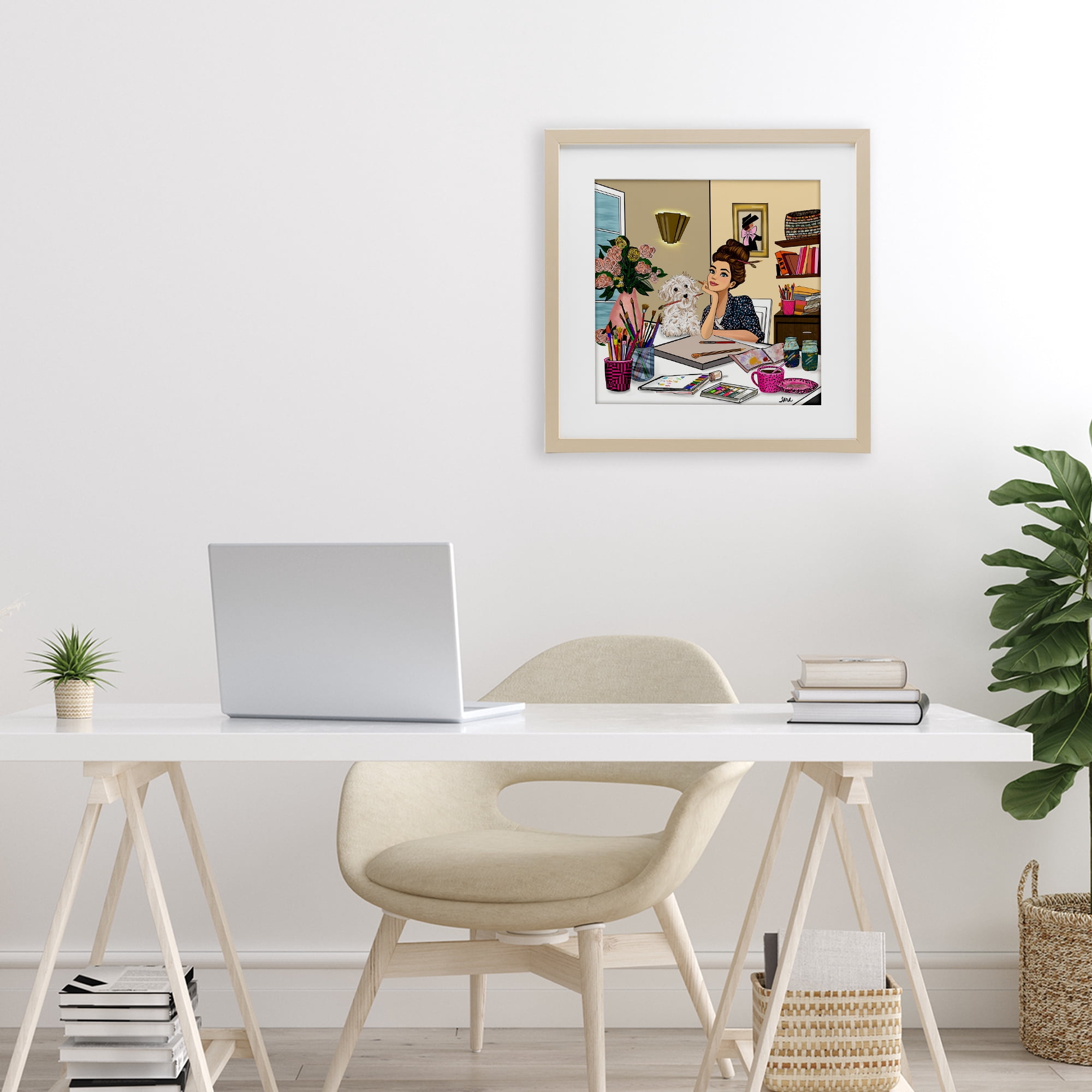 Stupell Industries Creative Art Girl at Desk Birch Framed Print Under Glass, design by Tara Boone