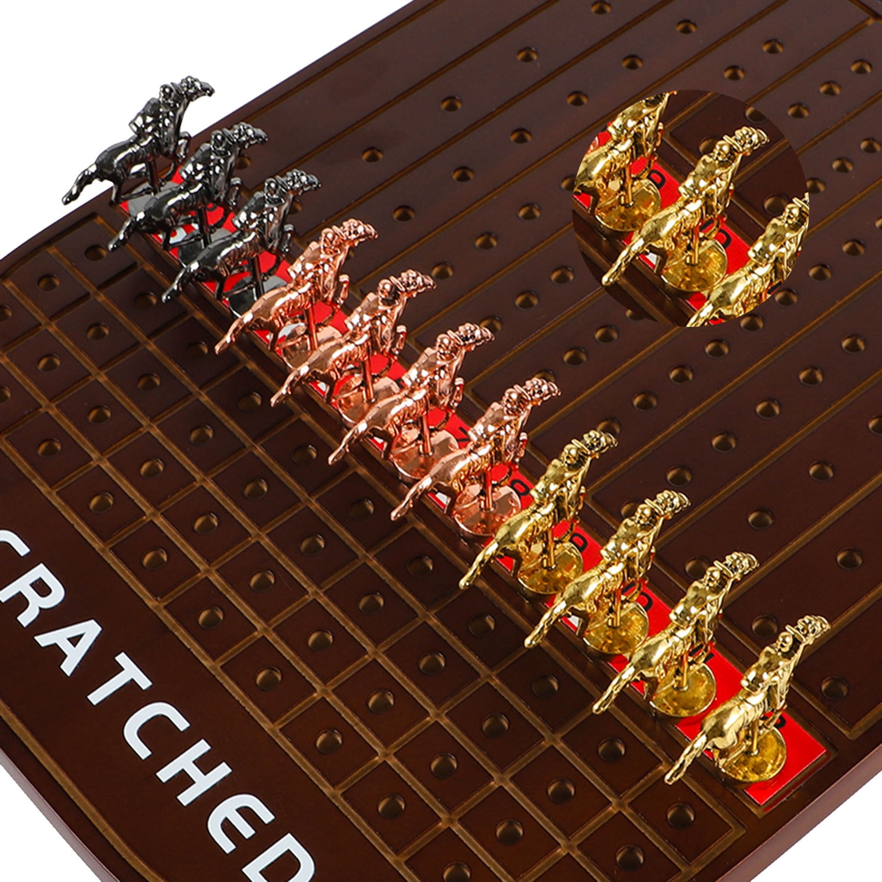 Grhonior Horse Race Board Game Racing Game Thickened Solid Wood with 11 Luxurious Durable Classic Metal Horses with 4 Dice and 2 Boxes of Cards Horse Racing Game (Walnut Color, Oval)