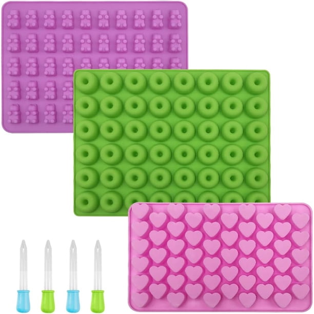 Mini moldes de silicona para caramelos de frutas, 5 moldes de silicona antiadherentes, incluyendo mini dinosaurio, forma de oso, corazones, mini dona y varias frutas, con 4 cuentagotas