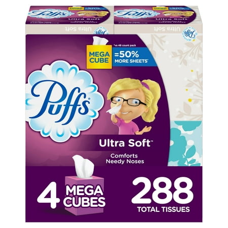 Puffs Ultra Soft Non-Lotion Facial Tissues, 4 Mega Cubes, 288 ct