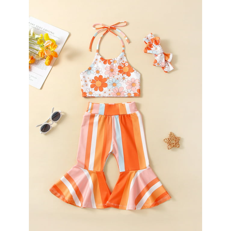 Buy Kid Baby Girl Summer Clothes Spaghetti Straps Floral Tank Top Rainbow  Flared Pants Bell Bottom Outfit, Colorful, 6-12 Months at