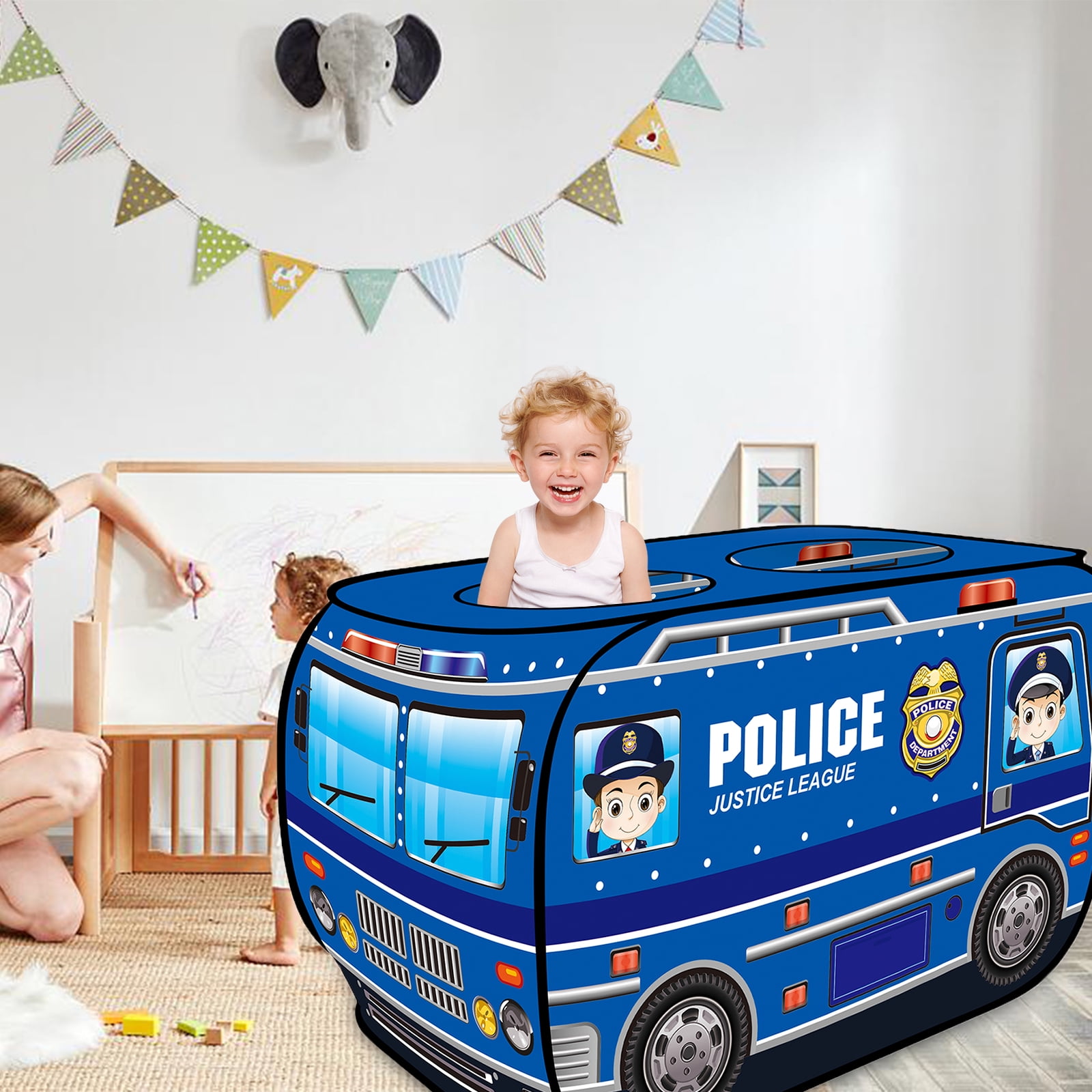 Yexmas Police car Pop Up Tent with Carrying Case, Playhouse Indoor and Outdoor Kids Play Tent for Boys and Girls Children 3+ Years Gift