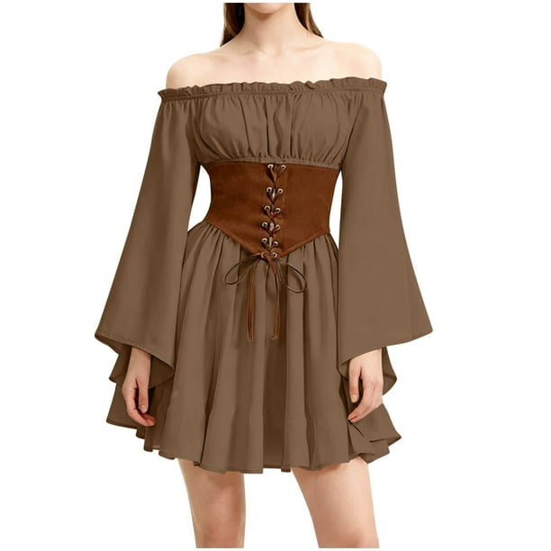 mfyjkho Vestidos para mujer, Vestido de mujer de manga larga con volantes y cuello halter con estampado de patchwork y mangas acampanadas Vestidos festivos xxl