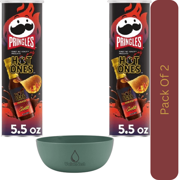 Pringles Hot Ones Barbacoa Spicy Potato Crisps Chips, 5.5 oz Can With Olive Green Bowl By ValueNest
