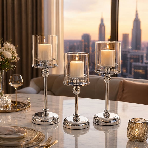 KGJQ Glass Candle Holder, European Style Pillar Candle Holder, Metal Tall Candlestick for Pillar Candles And Tealights, Romantic Table Centerpiece for Wedding Party Home Decor