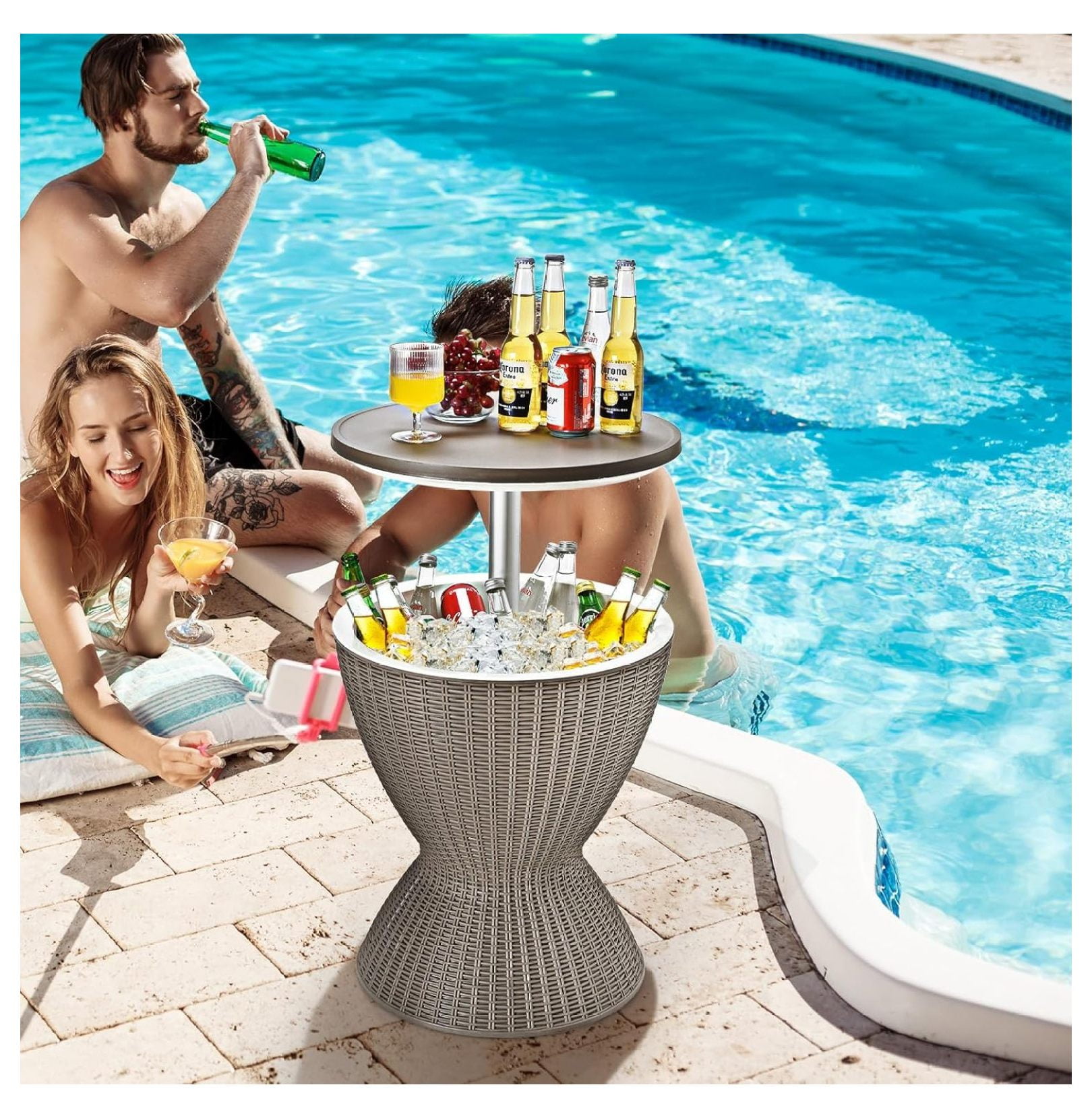 Cool Bar Table, 8 Gallon Rattan Patio Bar Cooler with Ice Bucket & Height Adjustable , Beer & Wine Cooler, Outdoor Indoor Cocktail Coffee Table for Patio Party Pool Deck (Brown)