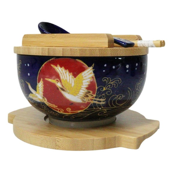 Red Moon Golden Crane Donburi Ramen Bowl With Lid Trivet Spoon Chopsticks Set